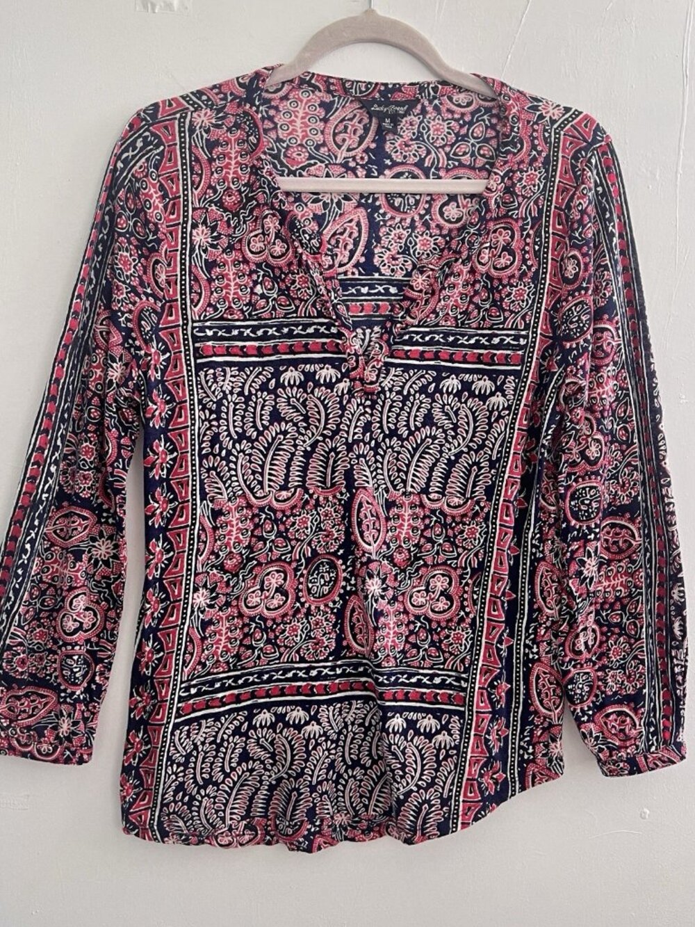 Lucky Brand Blue Red Paisley Print V Neck Long Sleeve Tunic Top Medium